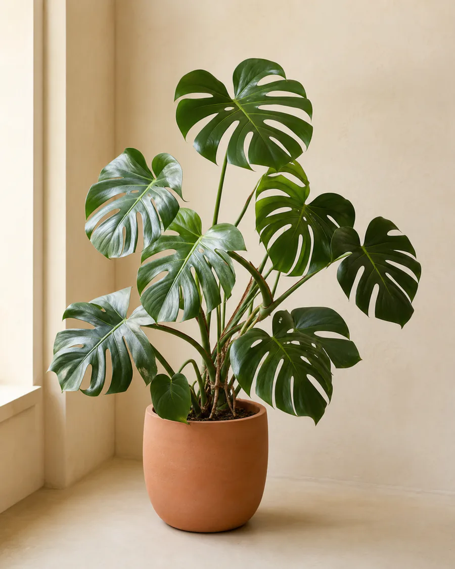 Mature Monstera deliciosa with split green leaves in a terracotta pot