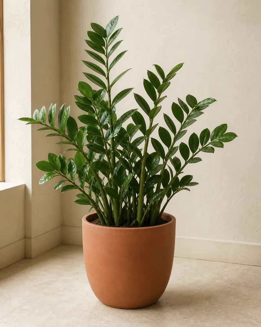 Mature ZZ Plant with glossy green leaflets in a terracotta pot
